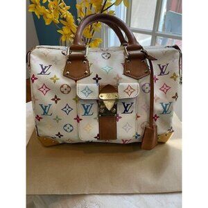 Louis Vuitton Multicolor Monogram White Satchel with Brown Leather Trim